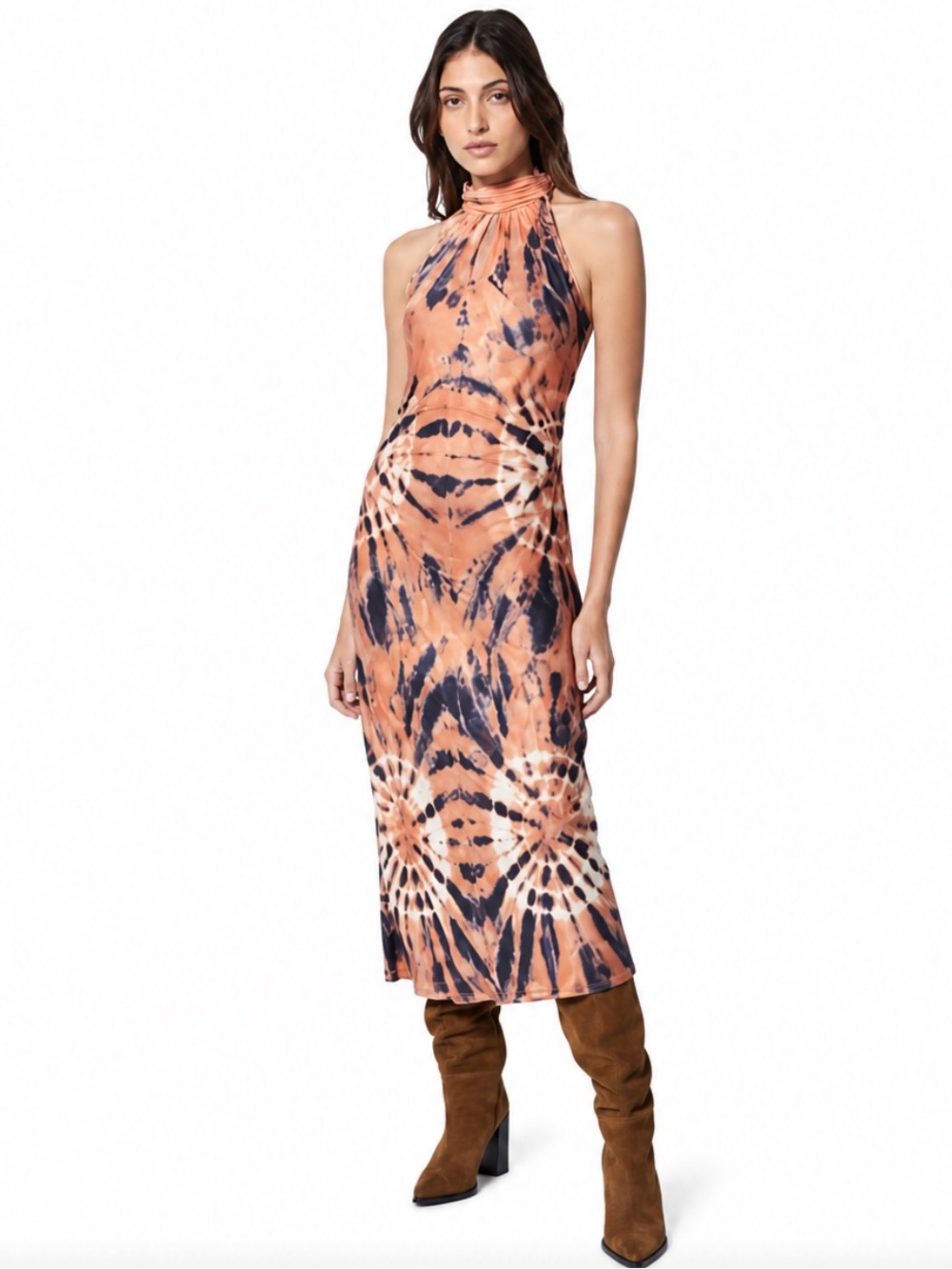 YOUNG FABOLOUS & BROKE Orange Tie-Dye Midi Dress